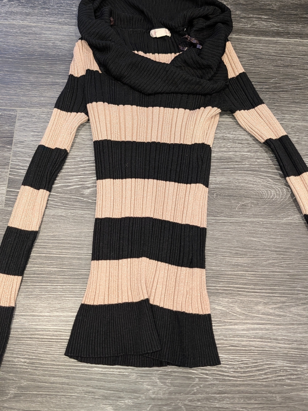 Striped Cowl Neck Ribbed Sweater - Black & Blush